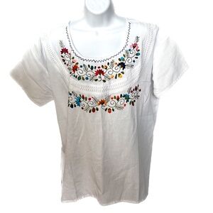 Mexican Embroidered Top White Multicolor Boho Floral Cotton Shirt Blouse Size L